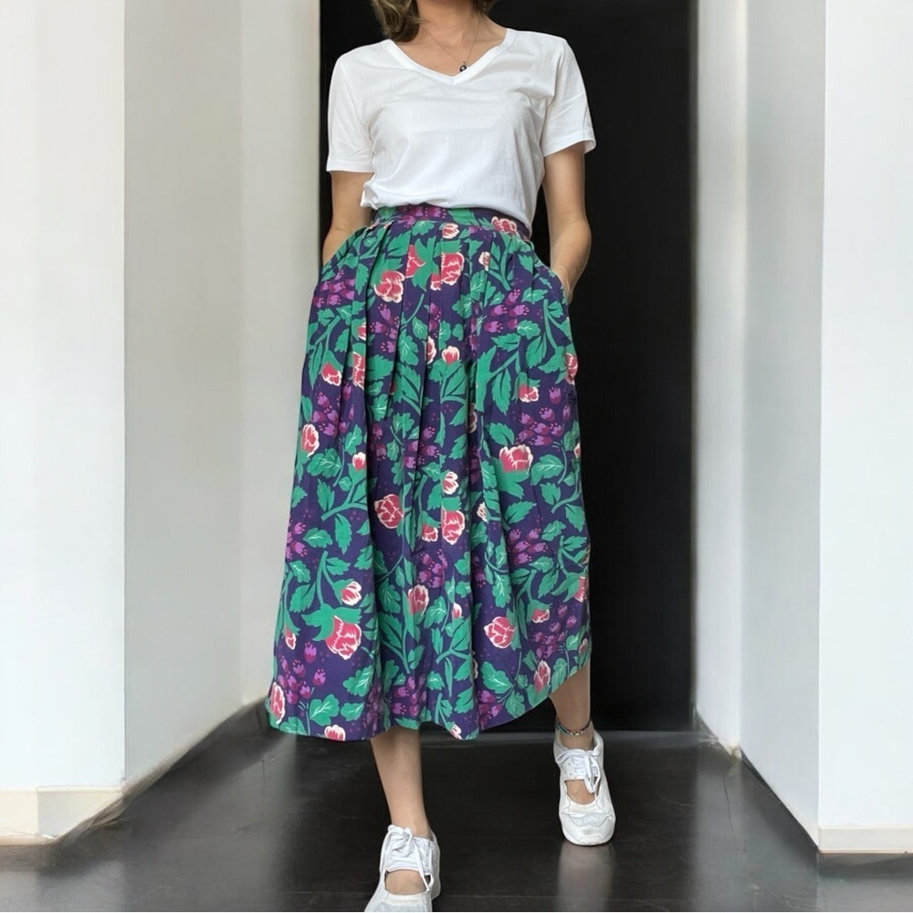 Vintage 80s David Brooks Floral Pleated Skirt Size 2